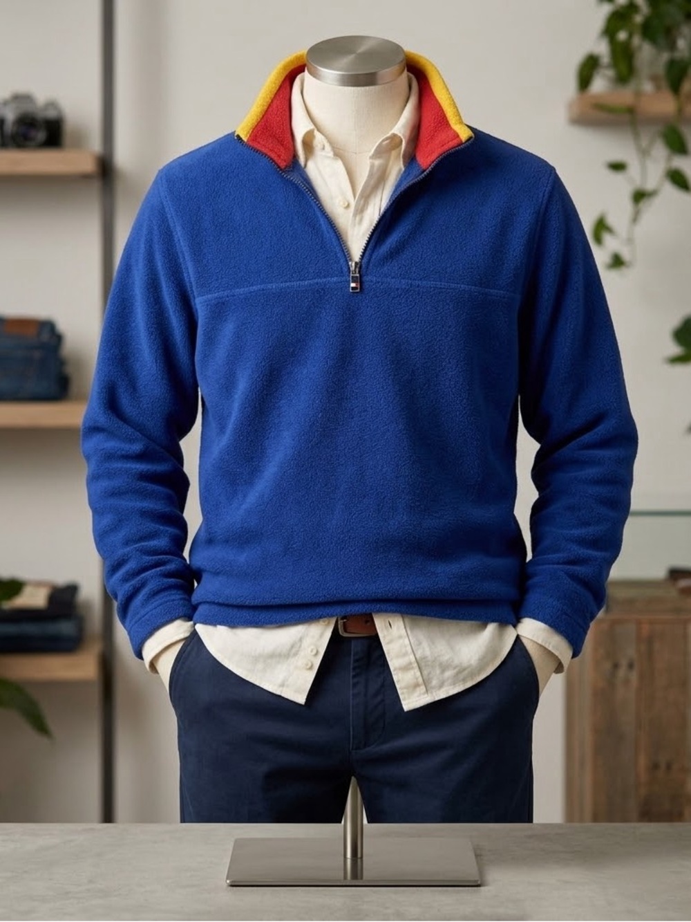 Vintage Tommy Hilfiger Blue Quarter-Zip Fleece with Red and Yellow Trim